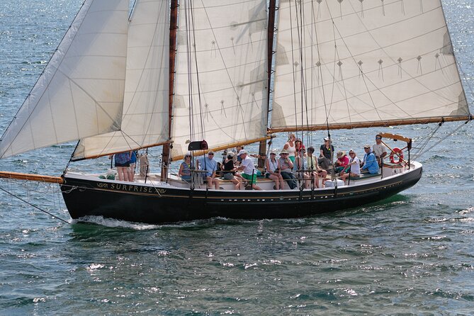 Day Sails and Sunset tours on Schooner Surprise in Camden Maine - Crossing Penobscot Bay with Mount Battie in view