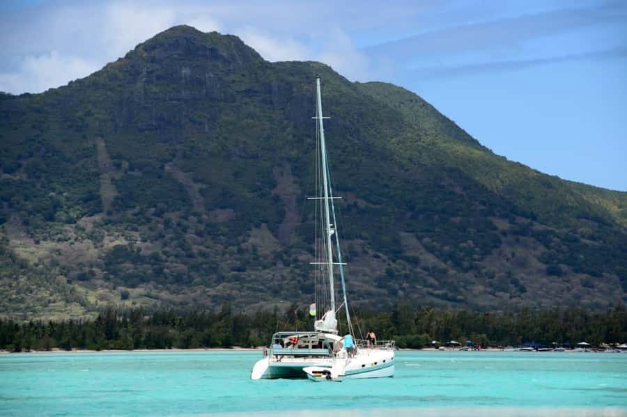 Ile Aux Cerfs Catamaran Cruise sailing from Mahebourg - The Grand River South East Waterfall from the boat