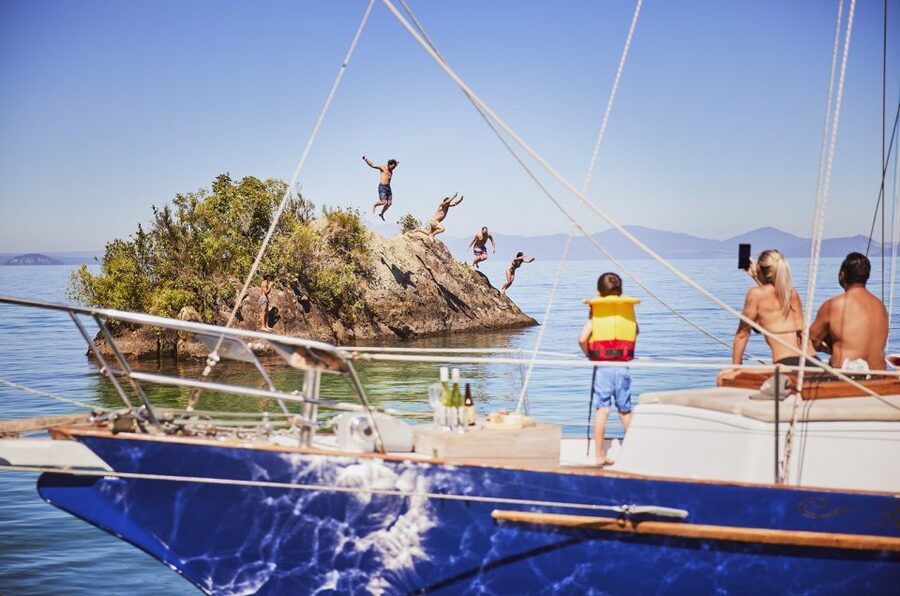 Lake Taupo: Classical Sailing to the Māori Rock Carvings - The swim stop in clear Lake Taupō water